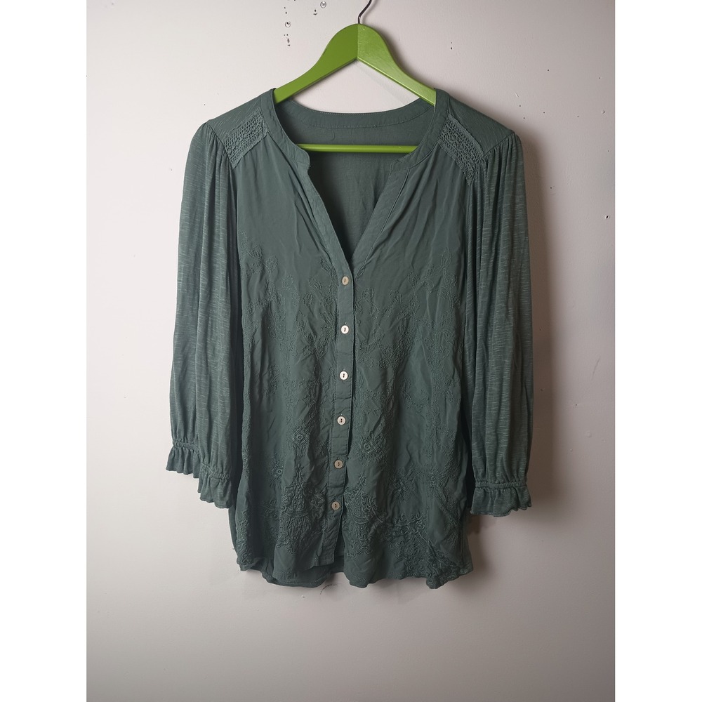 Sage Green Embroidered Button Down Top Lace Detail Ruffle Sleeve Women 1X